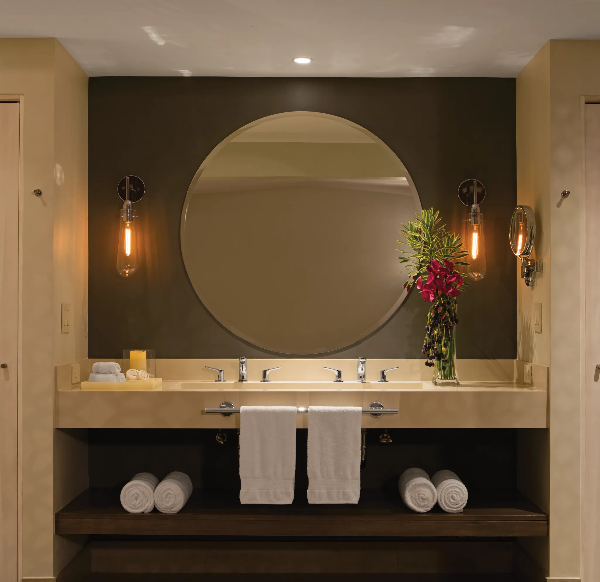 Preferred Club Bungalow Suite Ocean View bathroom with double vanity and modern lighting at Secrets Papagayo Costa Rica.
