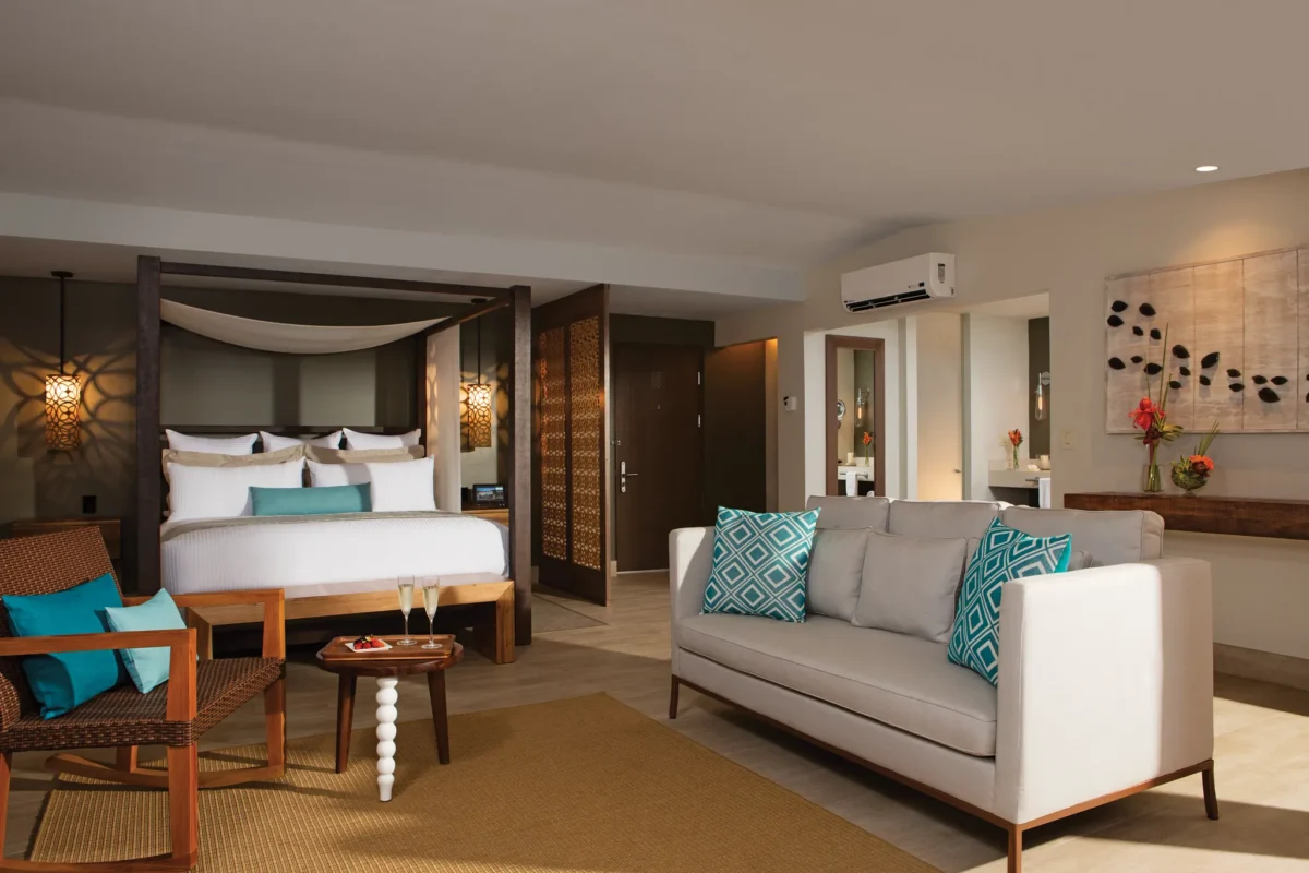 Preferred Club Junior Suite Ocean Front with king bed and living area at Secrets Papagayo Costa Rica.